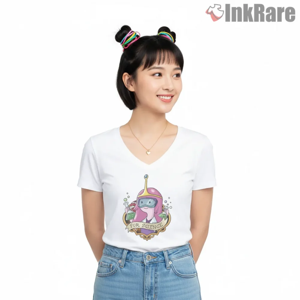 Princess Bubblegum Science Queen Vintage Tattoo Style Shirt on white v-neck shirt for women graphic tee