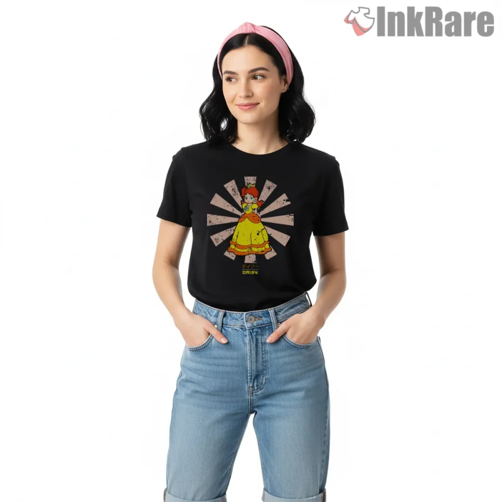 Princess Daisy Retro Japanese Rising Sun Art Shirt on black short sleeve shirt for women graphic tee
