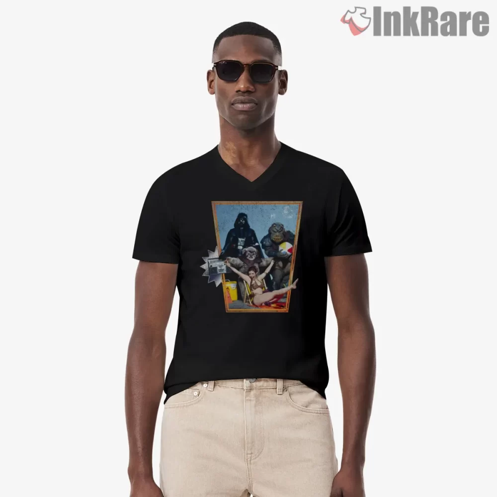 Princess Leia Retro Vacation Parody Shirt on black v-neck shirt for men graphic tee