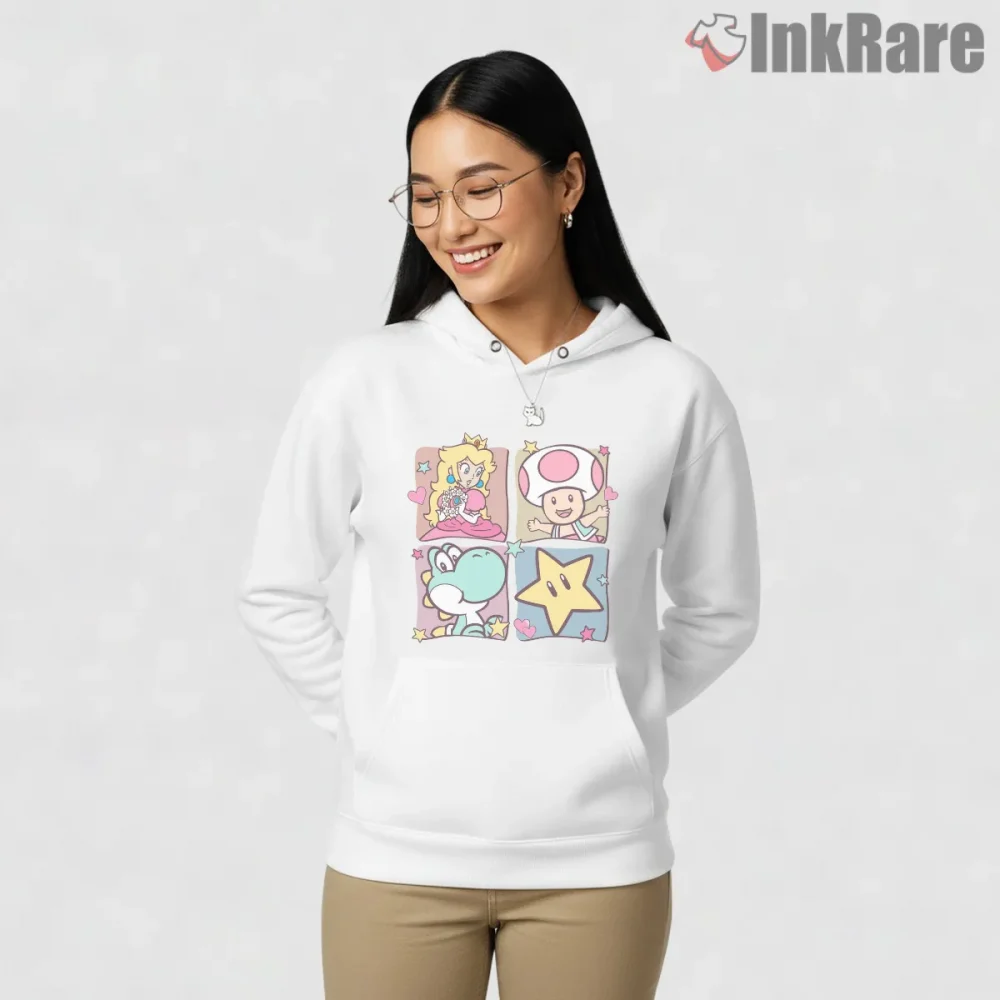 Princess Peach And Friends Cute Character Panel Shirt on white hoodie for women graphic tee