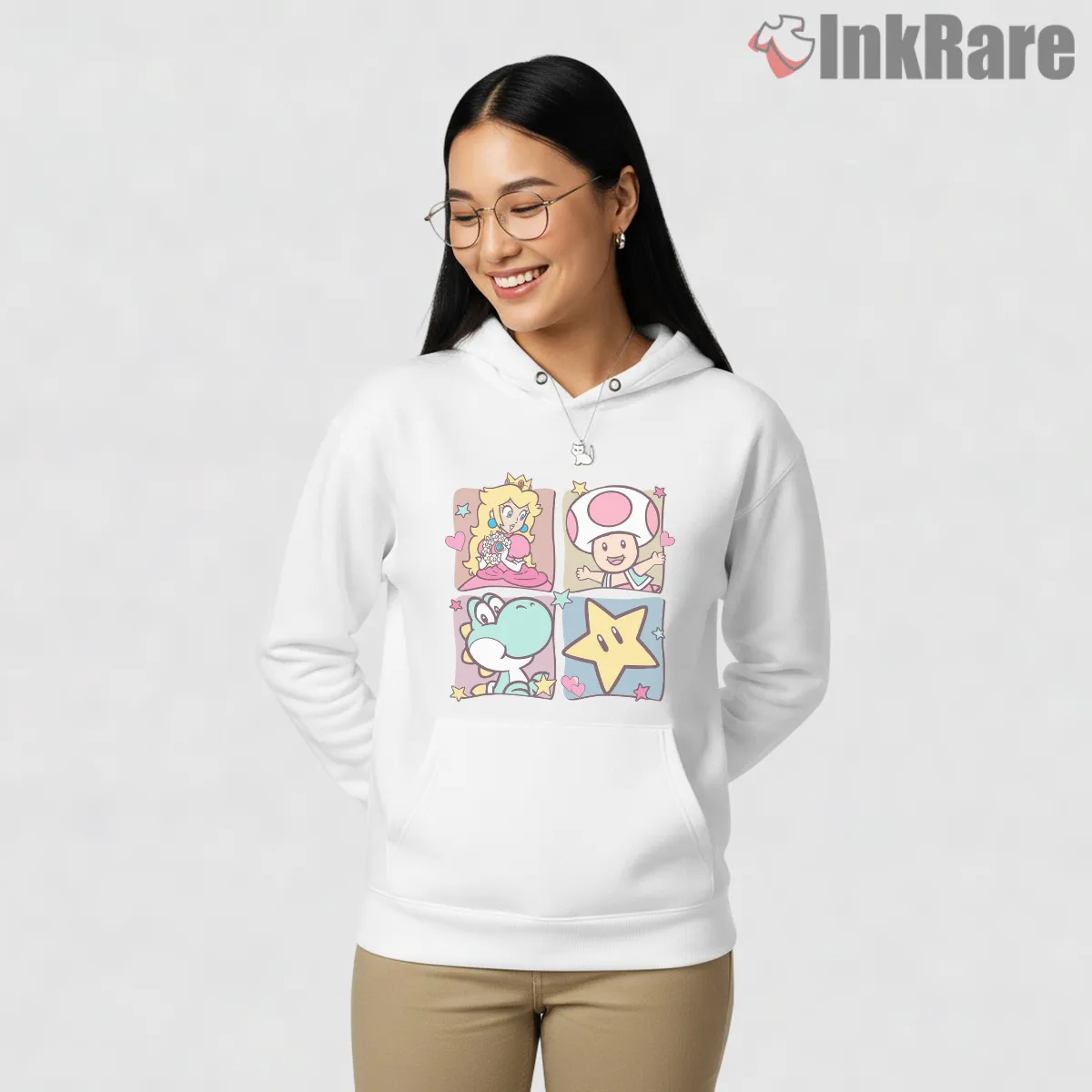 Princess Peach And Friends Cute Character Panel Hoodie White Princess Peach And Friends Cute Character Panel Shirt on white hoodie for women graphic tee