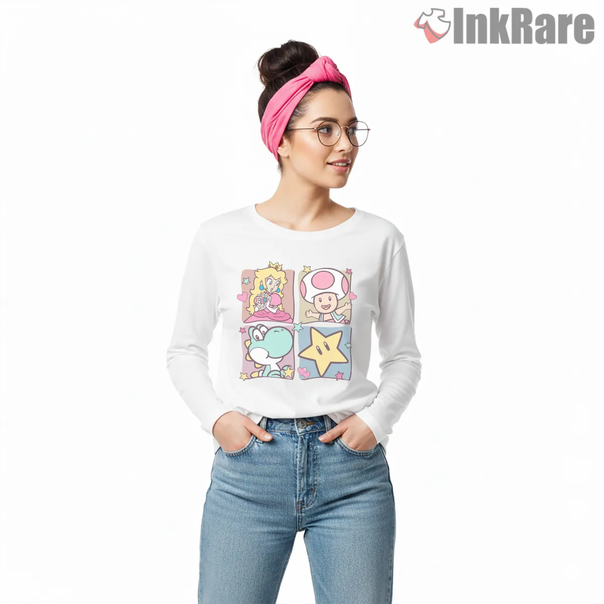 Princess Peach And Friends Cute Character Panel Shirt on white long sleeve shirt for women graphic tee