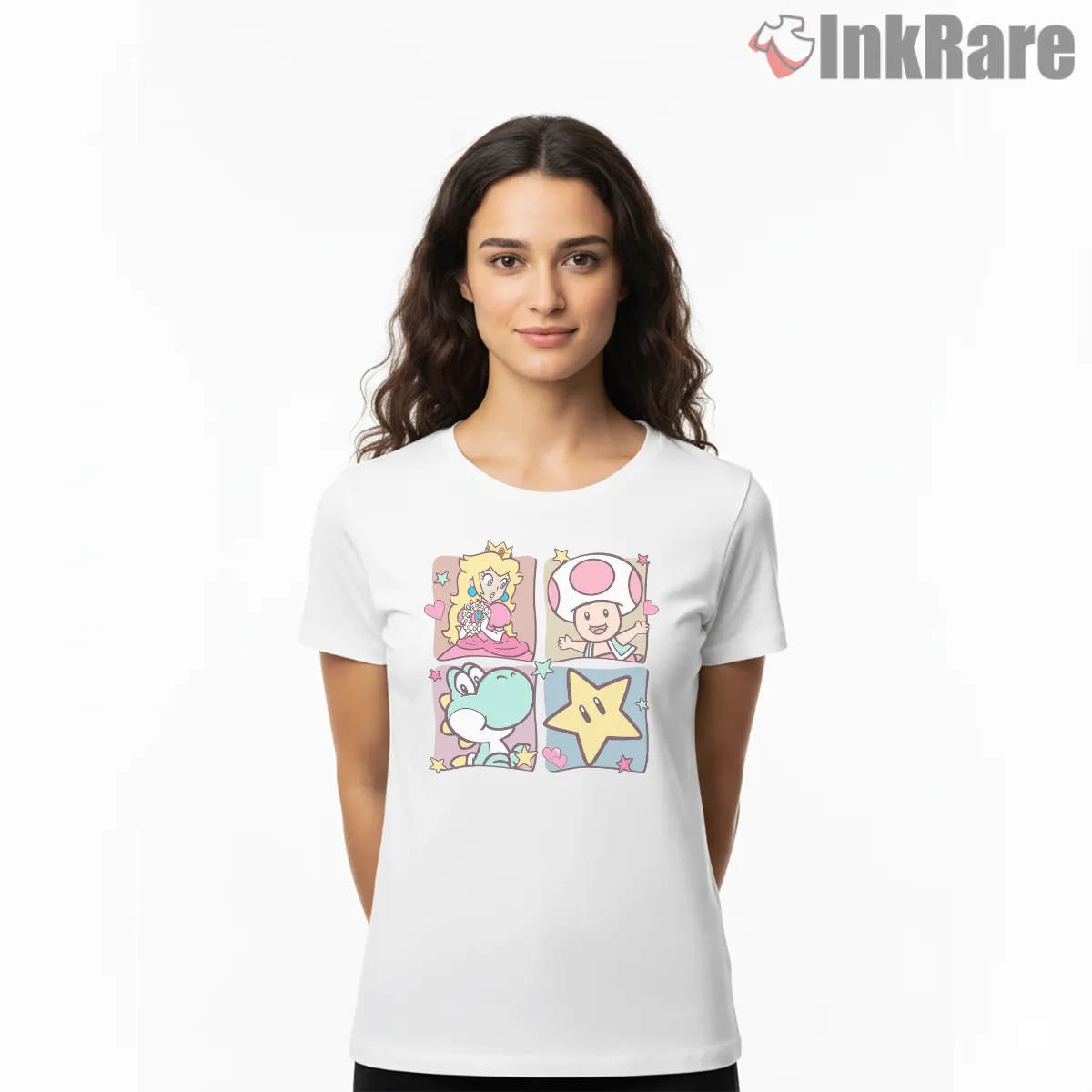 Princess Peach And Friends Cute Character Panel Short Sleeve White Princess Peach And Friends Cute Character Panel Shirt on white short sleeve shirt for women graphic tee