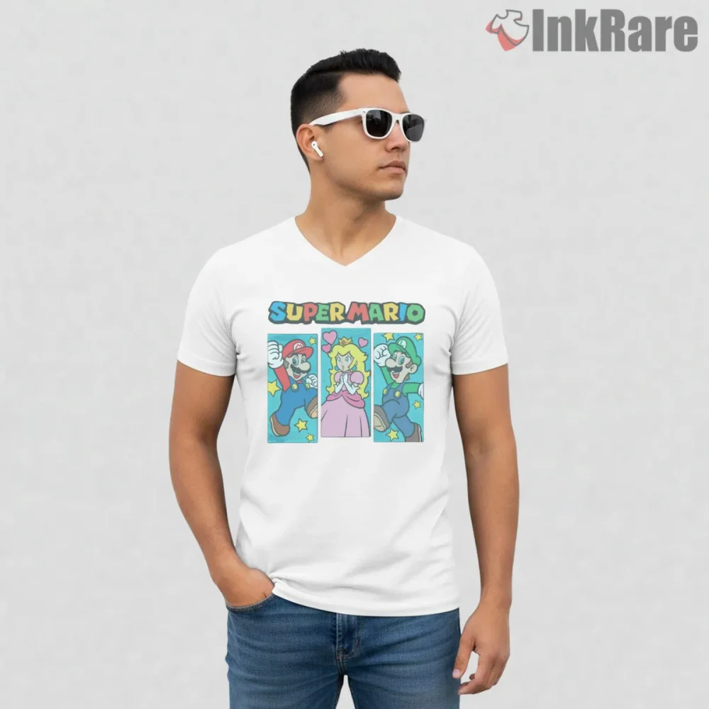 Princess Peach Mario Friends Panel Cartoon Color Block Shirt on white v-neck shirt for men graphic tee