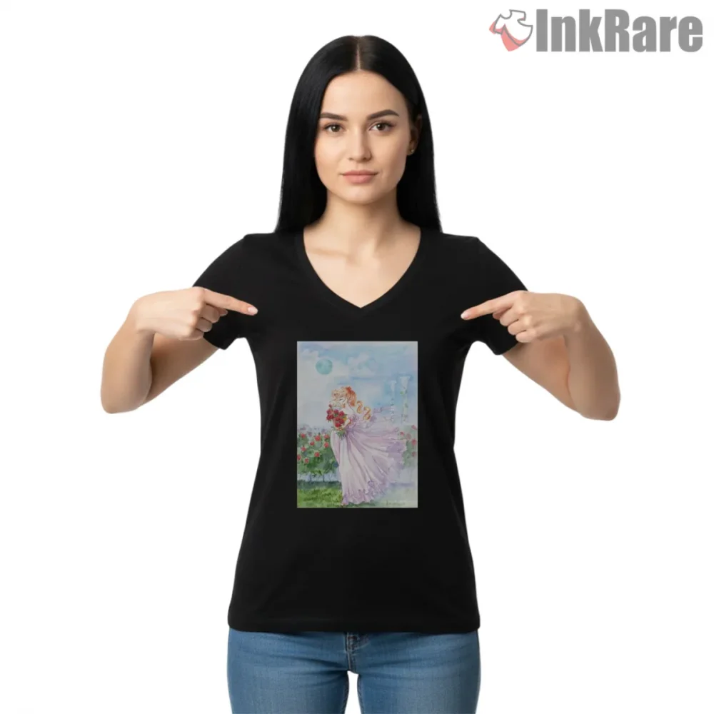 Princess Serenity Rose Garden Shirt on black v-neck shirt for women graphic tee