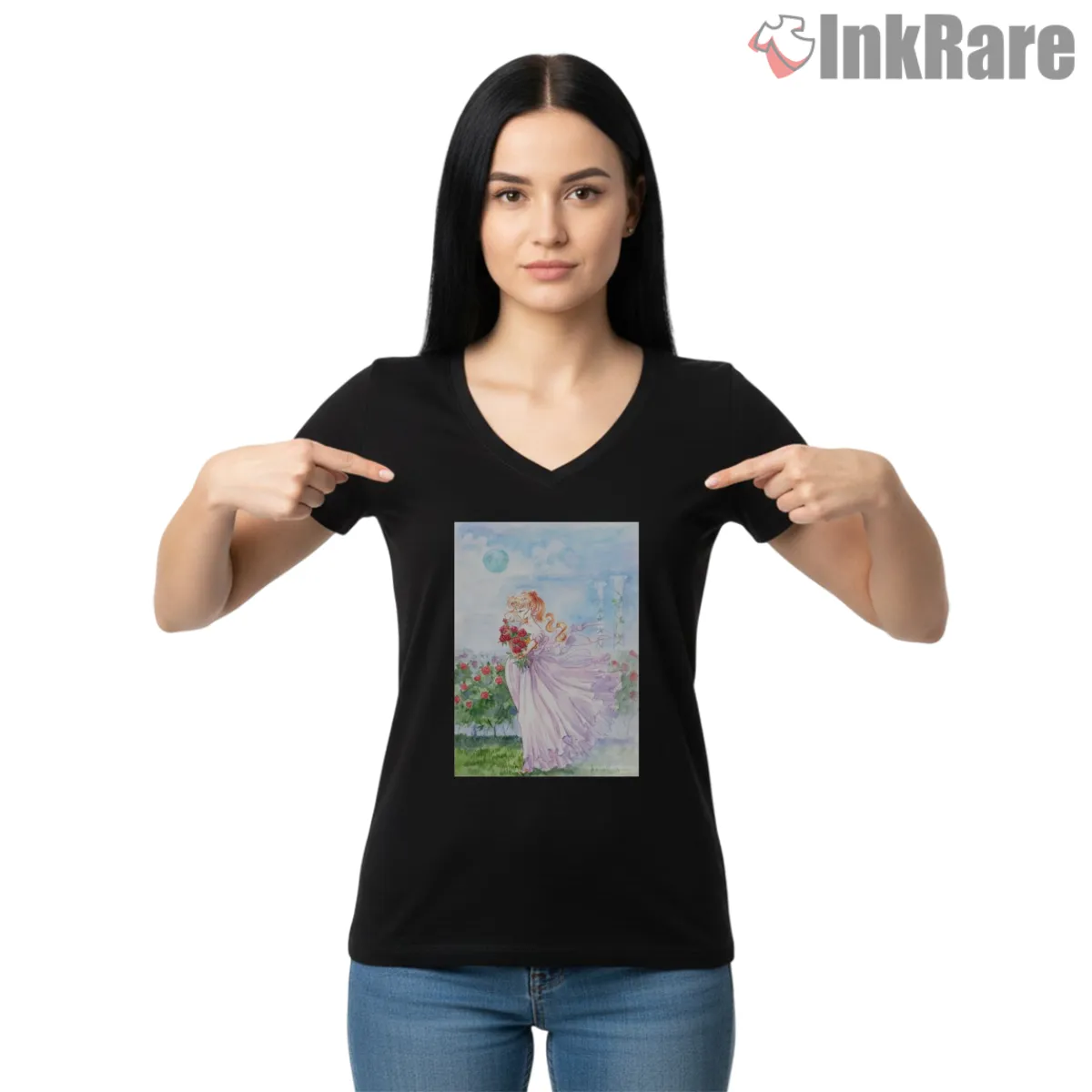 Princess Serenity Rose Garden V Neck Black Princess Serenity Rose Garden Shirt on black v-neck shirt for women graphic tee