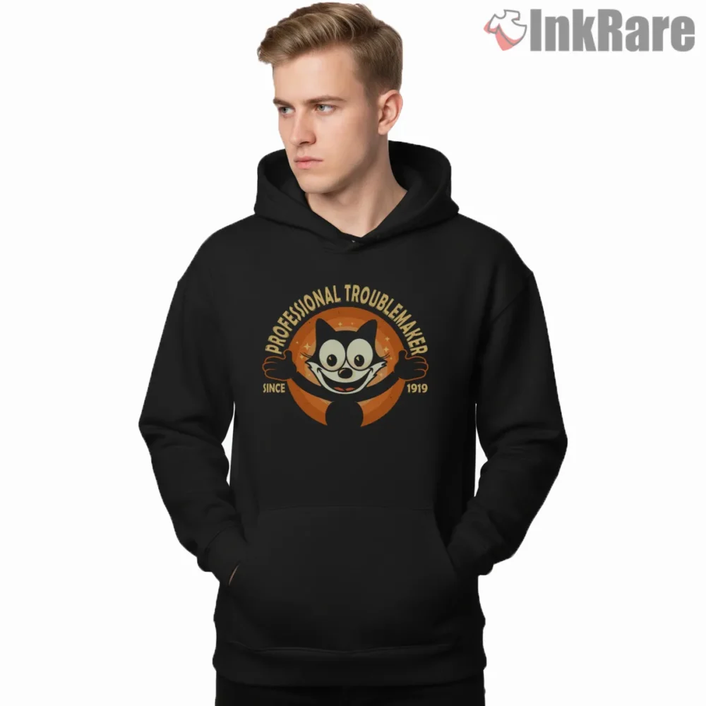 Professional Troublemaker Felix The Cat Badge Shirt on black hoodie for men graphic tee