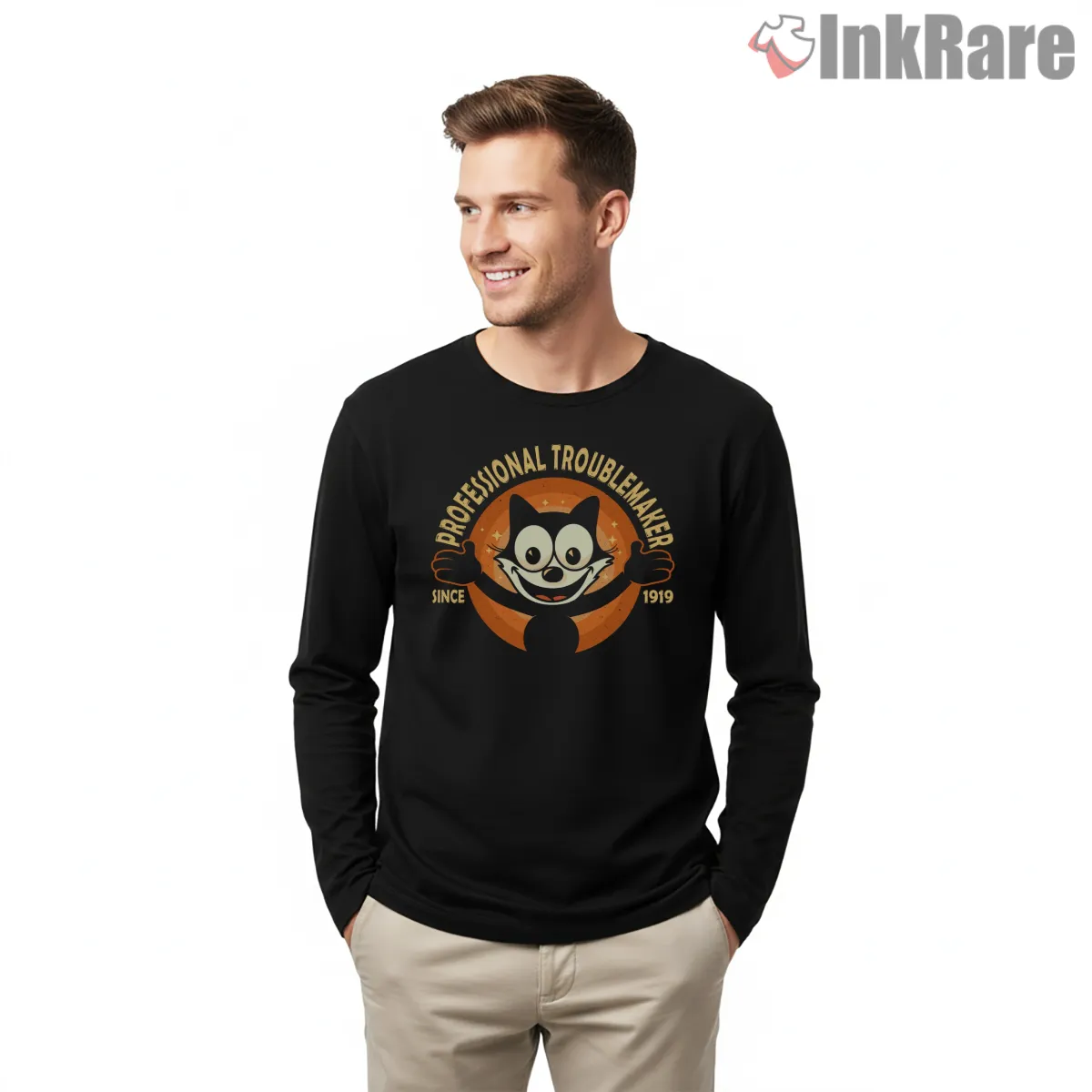 Professional Troublemaker Felix The Cat Badge Shirt on black long sleeve shirt for men graphic tee