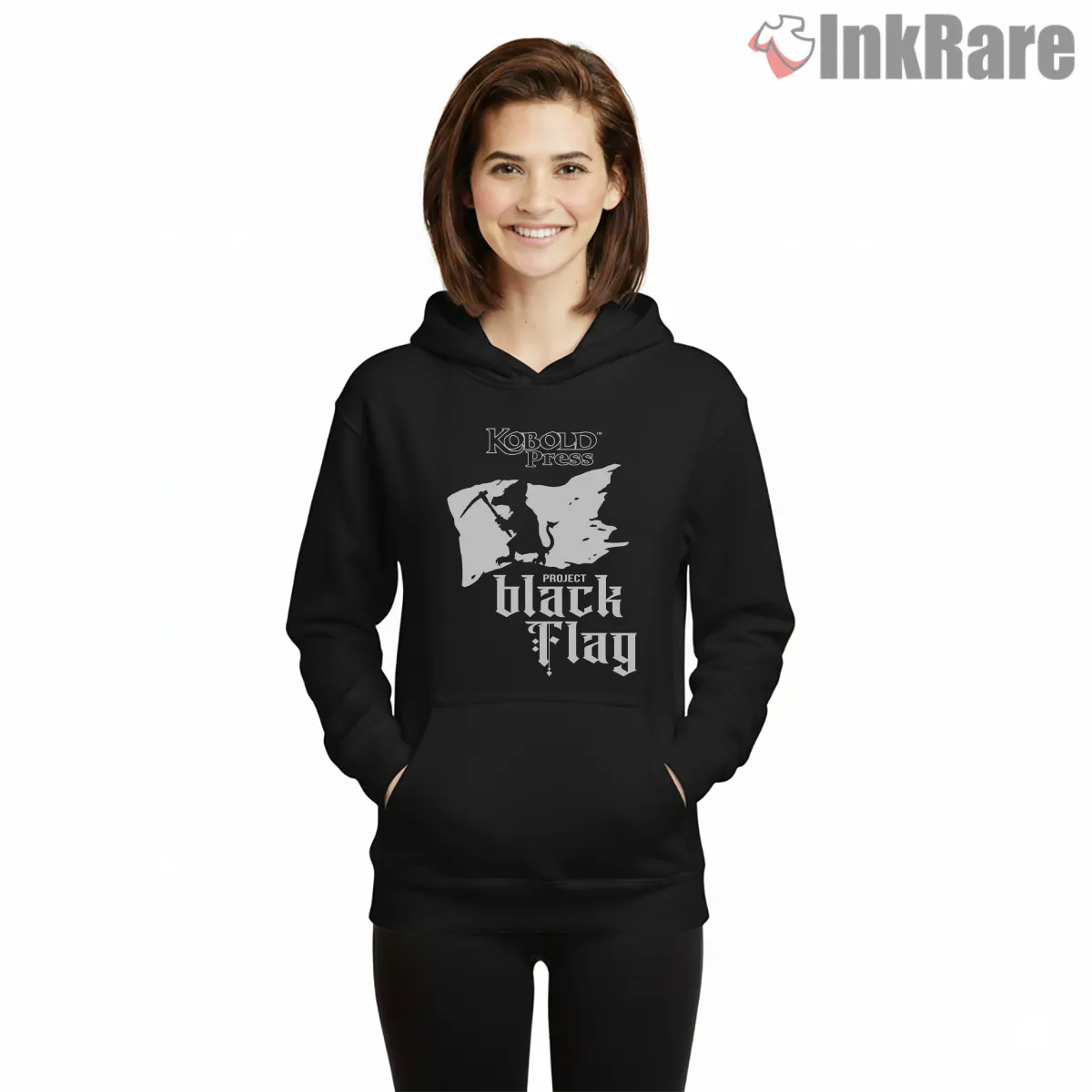 Project Black Flag Kobold Press Logo Hoodie Black Project Black Flag Kobold Press Logo Shirt on black hoodie for women graphic tee
