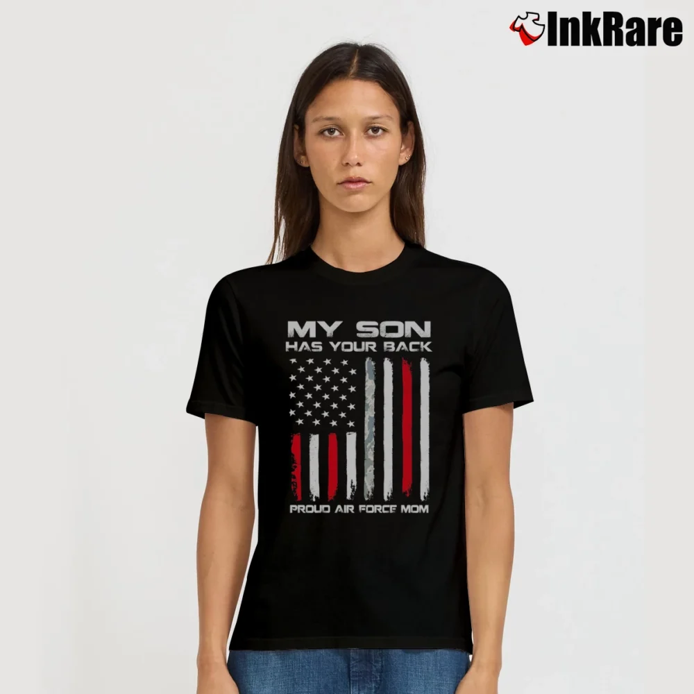 Women’s Proud Air Force Mom My Son Has Your Back Signature T-Shirt in black | Soft, Flattering Fit