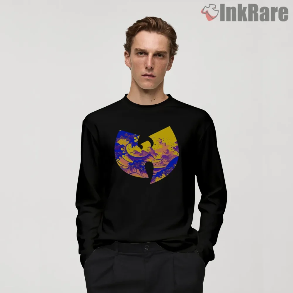Psychedelic Wave Wu Tang Logo Shirt on black long sleeve shirt for men graphic tee