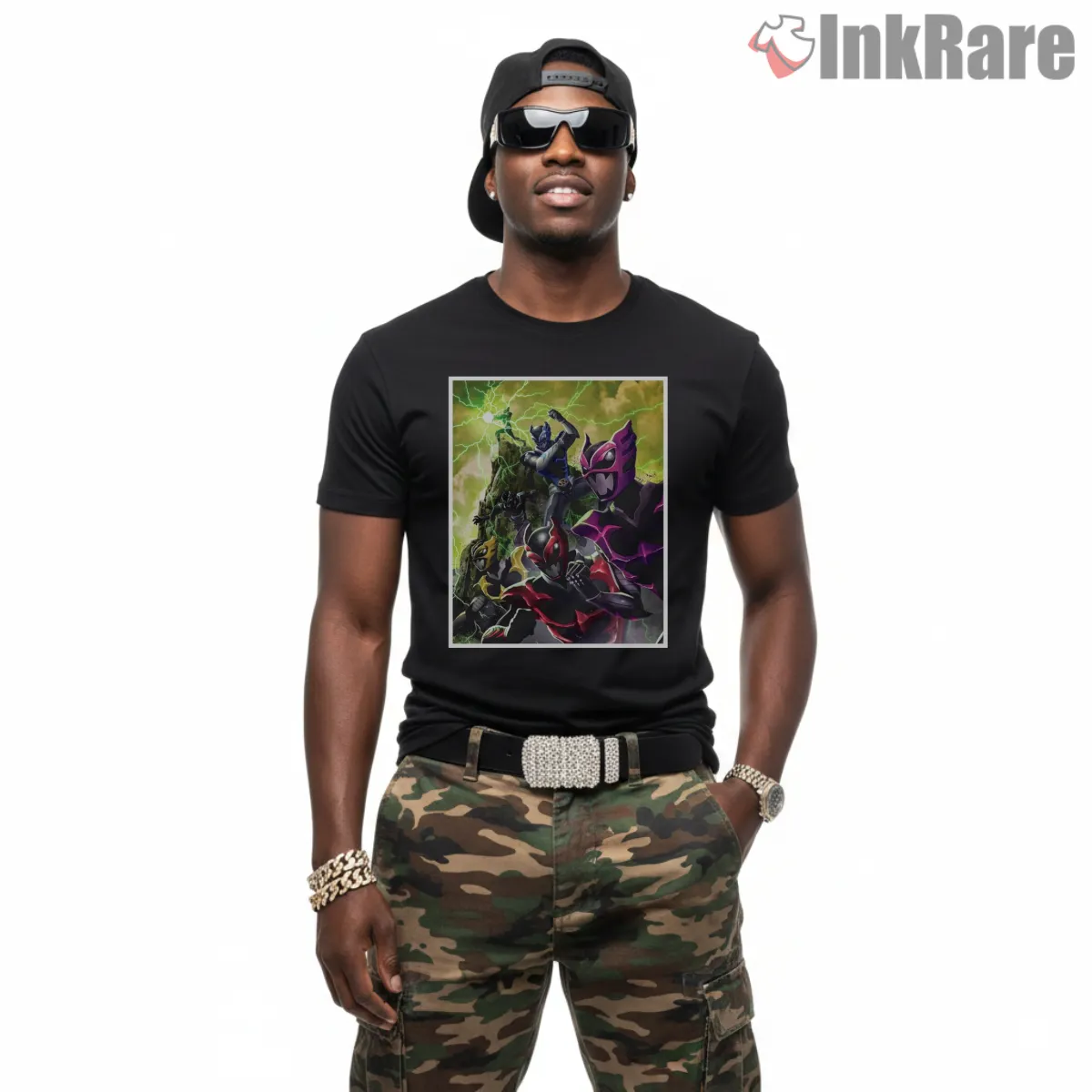 Psycho Rangers Chaos Battle Team Shirt on black short sleeve shirt for men graphic tee
