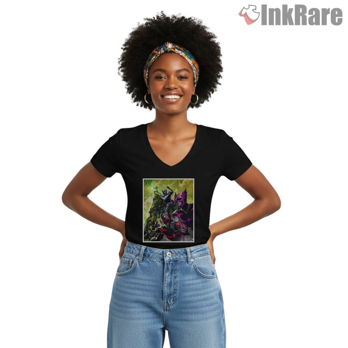 Psycho Rangers Chaos Battle Team V Neck Black Psycho Rangers Chaos Battle Team Shirt on black v-neck shirt for women graphic tee