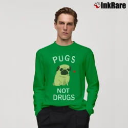 Men’s Pugs Not Drugs Funny Dog Meme Long-Sleeve Shirt in irish green | Sleek, Lightweight, Year-Round Wear