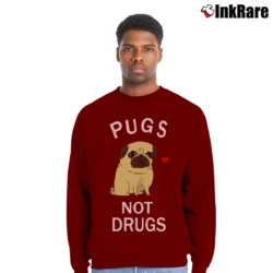 Men’s Pugs Not Drugs Funny Dog Meme Crewneck Sweatshirt in maroon | Cozy Fabric, Clean Style