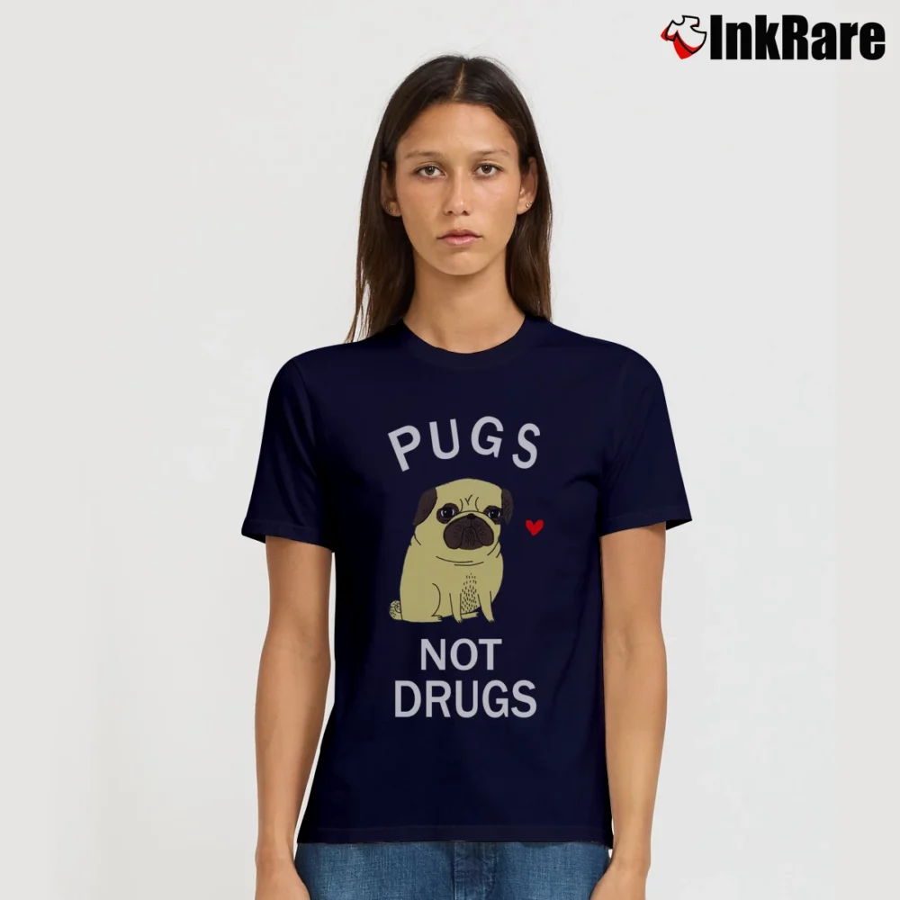 Women’s Pugs Not Drugs Funny Dog Meme Signature T-Shirt in navy | Soft, Flattering Fit