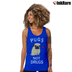 Women’s Pugs Not Drugs Funny Dog Meme Tank Top in royal blue | Lightweight, Movement-Friendly