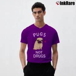 Men’s Pugs Not Drugs Funny Dog Meme V-Neck Tee in purple | Sharp, Breathable, Everyday Staple