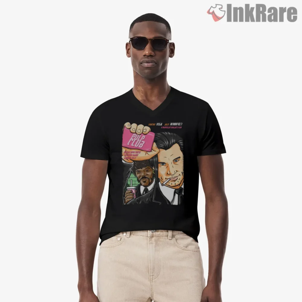 Pulp Club Soft Drink Parody Shirt on black v-neck shirt for men graphic tee