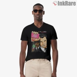 Pulp Club Soft Drink Parody Shirt on black v-neck shirt for men graphic tee