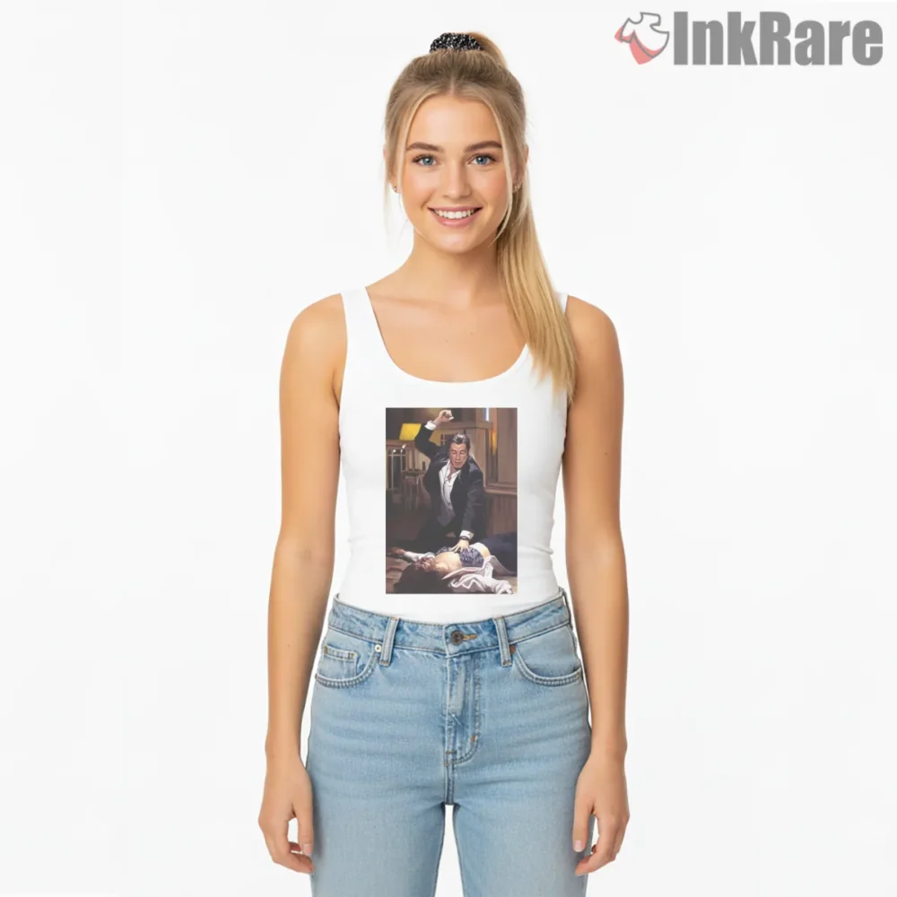 Pulp Fiction Adrenaline Shot Scene Shirt on white tank top for women graphic tee