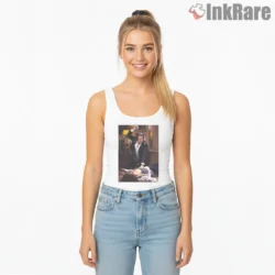 Pulp Fiction Adrenaline Shot Scene Shirt on white tank top for women graphic tee