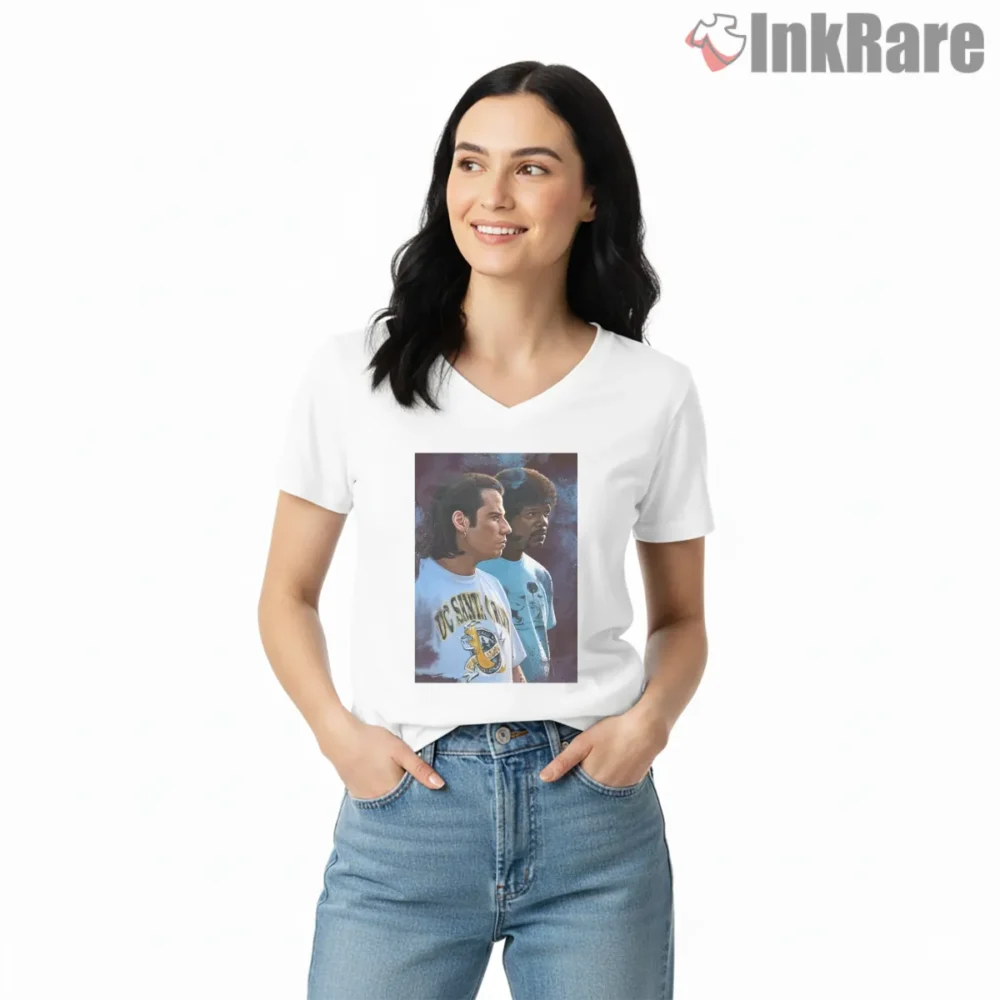 Pulp Fiction Banana Slugs College Fan Shirt on white v-neck shirt for women graphic tee