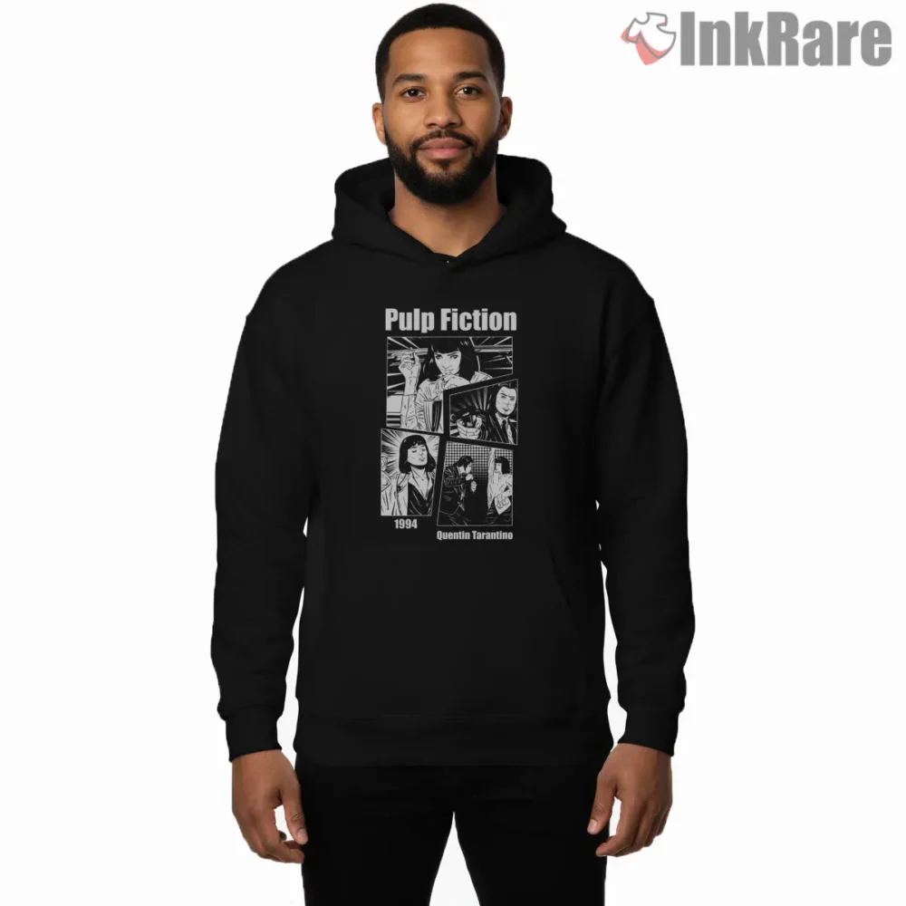 Pulp Fiction Black And White Comic Panels Shirt on black hoodie for men graphic tee