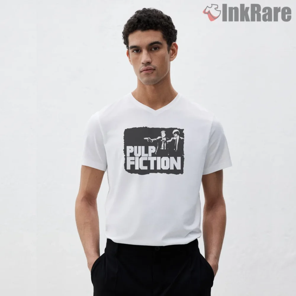 Pulp Fiction Classic Logo Scene Shirt on white v-neck shirt for men graphic tee