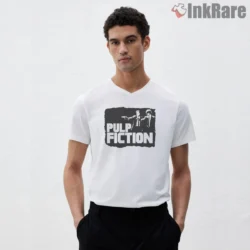 Pulp Fiction Classic Logo Scene Shirt on white v-neck shirt for men graphic tee