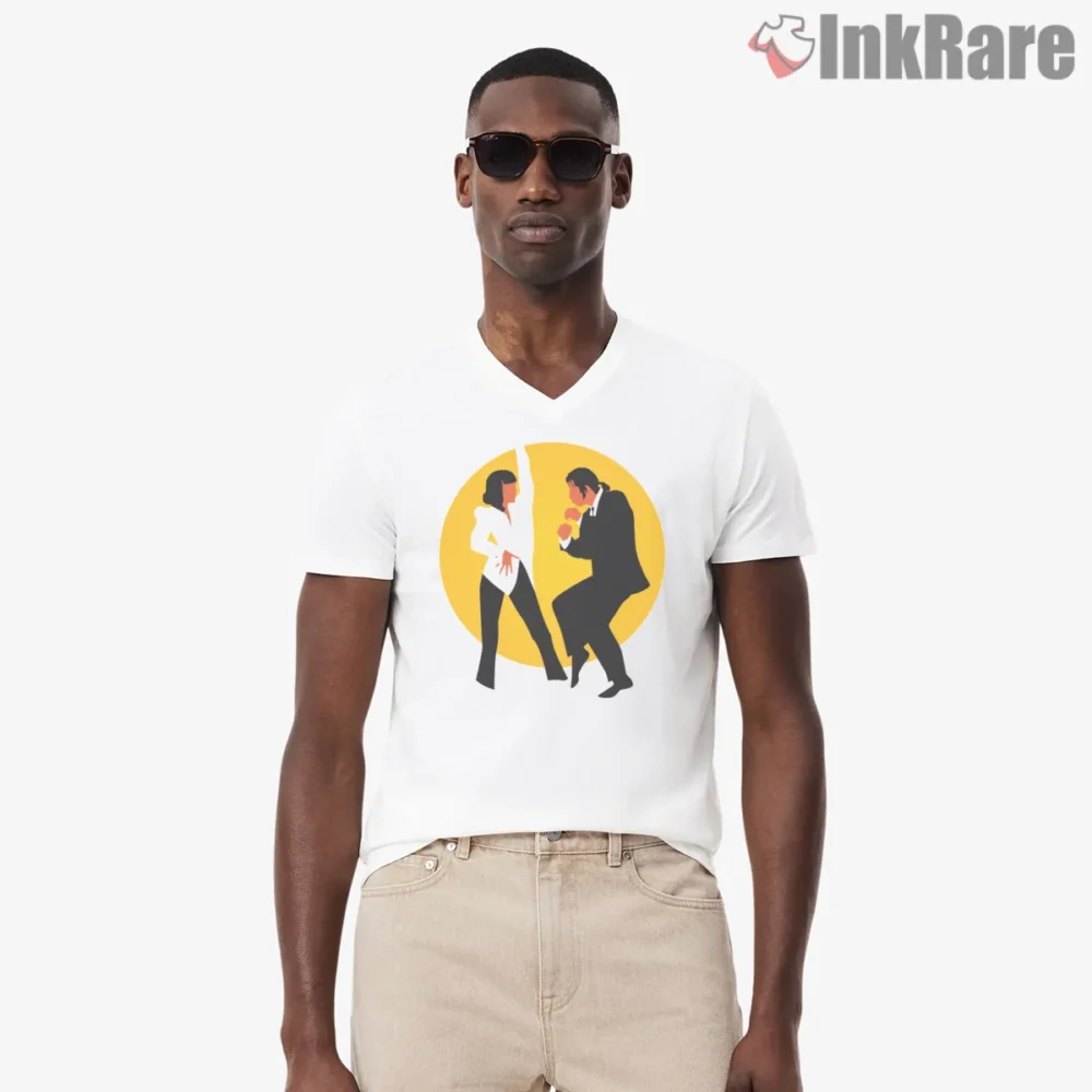 Pulp Fiction Dance Duo Graphic Shirt on white v-neck shirt for men graphic tee