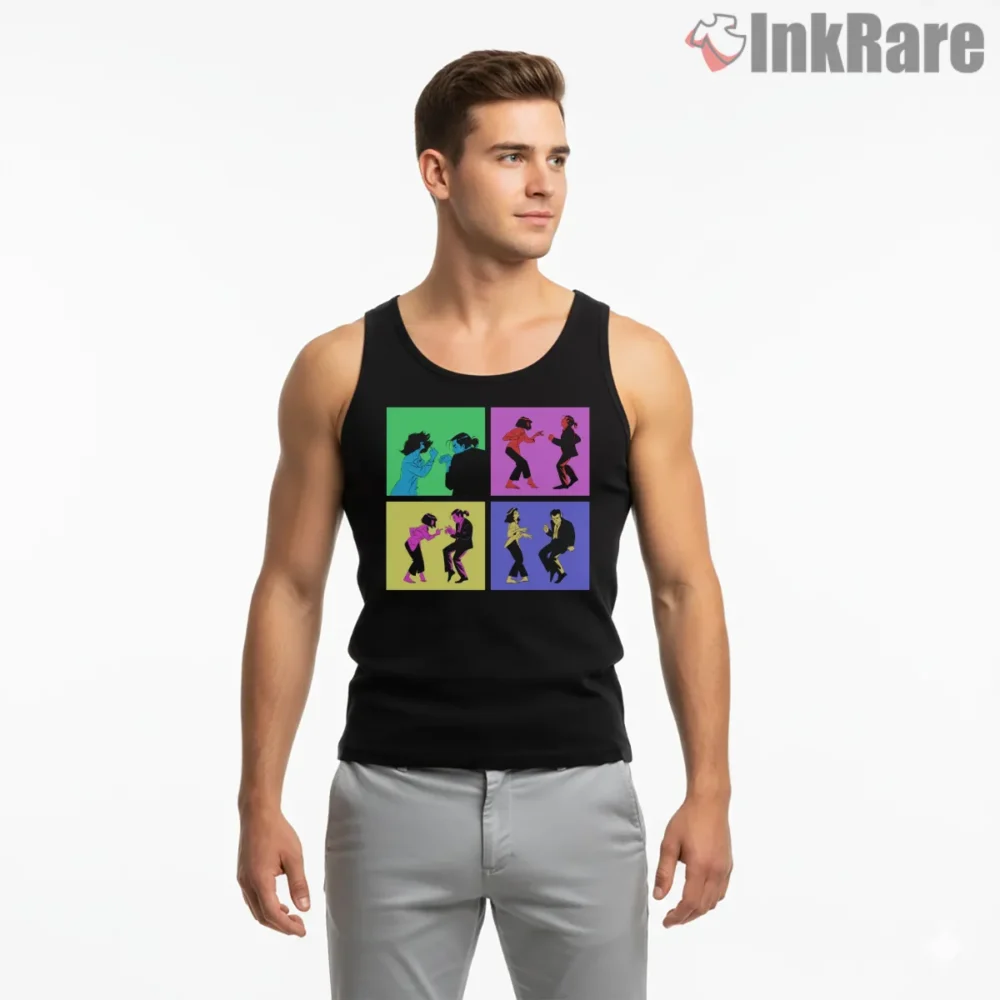 Pulp Fiction Dance Sequence Color Blocks Shirt on black tank top for men graphic tee