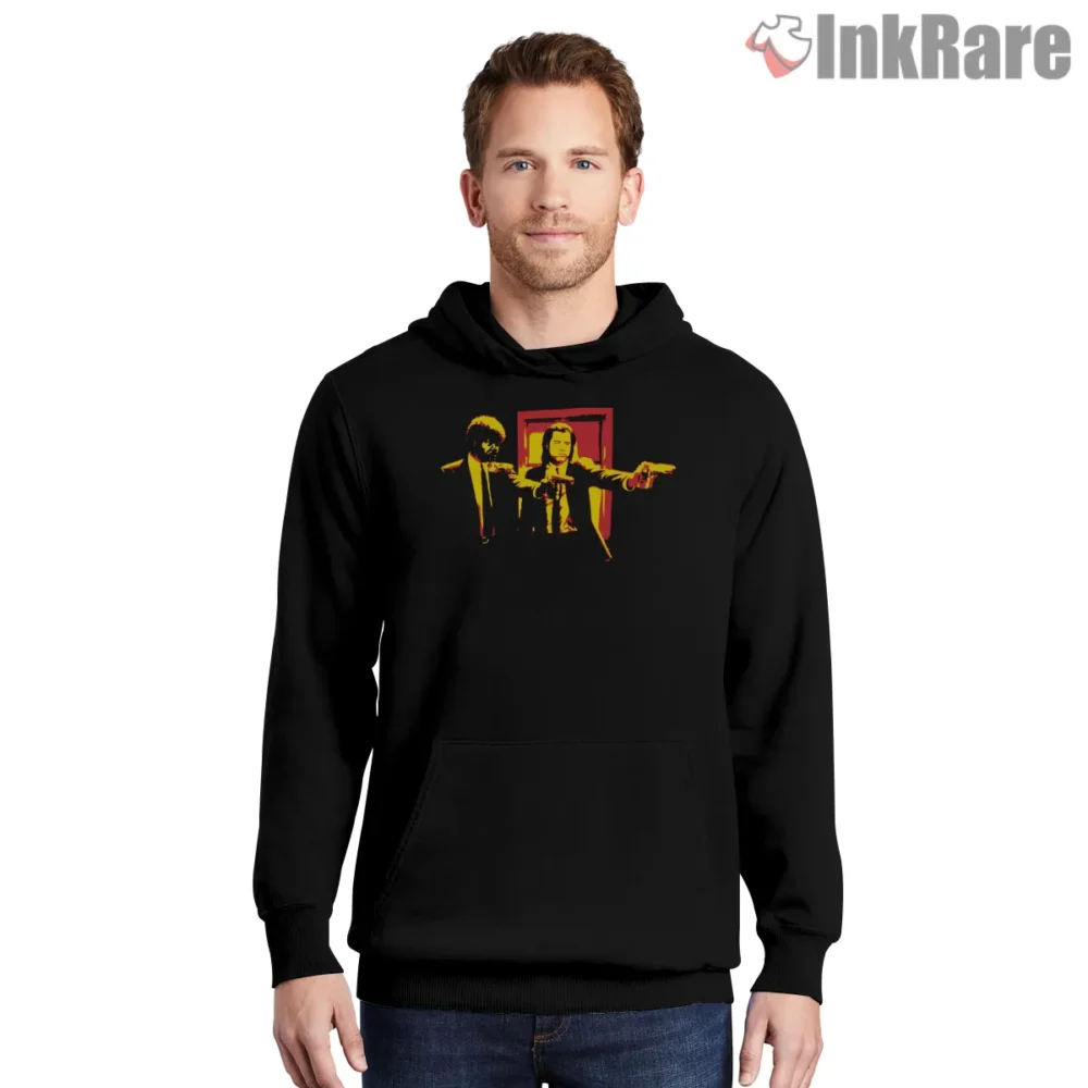 Pulp Fiction Duo Red Door Silhouette Shirt on black hoodie for men graphic tee