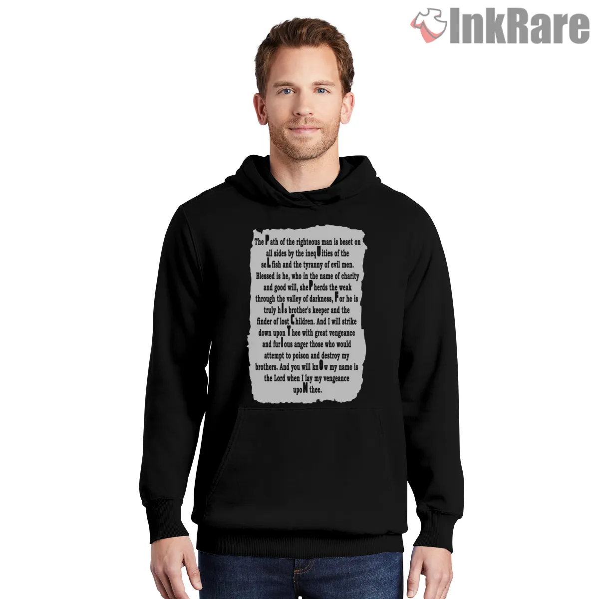 Pulp Fiction Ezekiel Scroll Shirt on black hoodie for men graphic tee