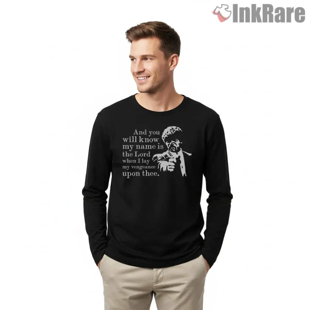 Pulp Fiction Ezekiel Vengeance Quote Shirt on black long sleeve shirt for men graphic tee