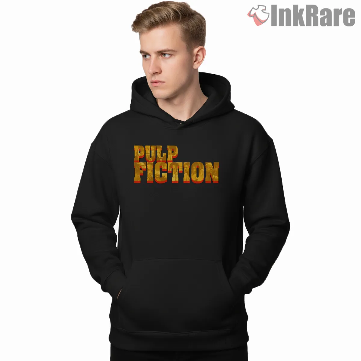 Pulp Fiction Grunge Title Logo Shirt on black hoodie for men graphic tee