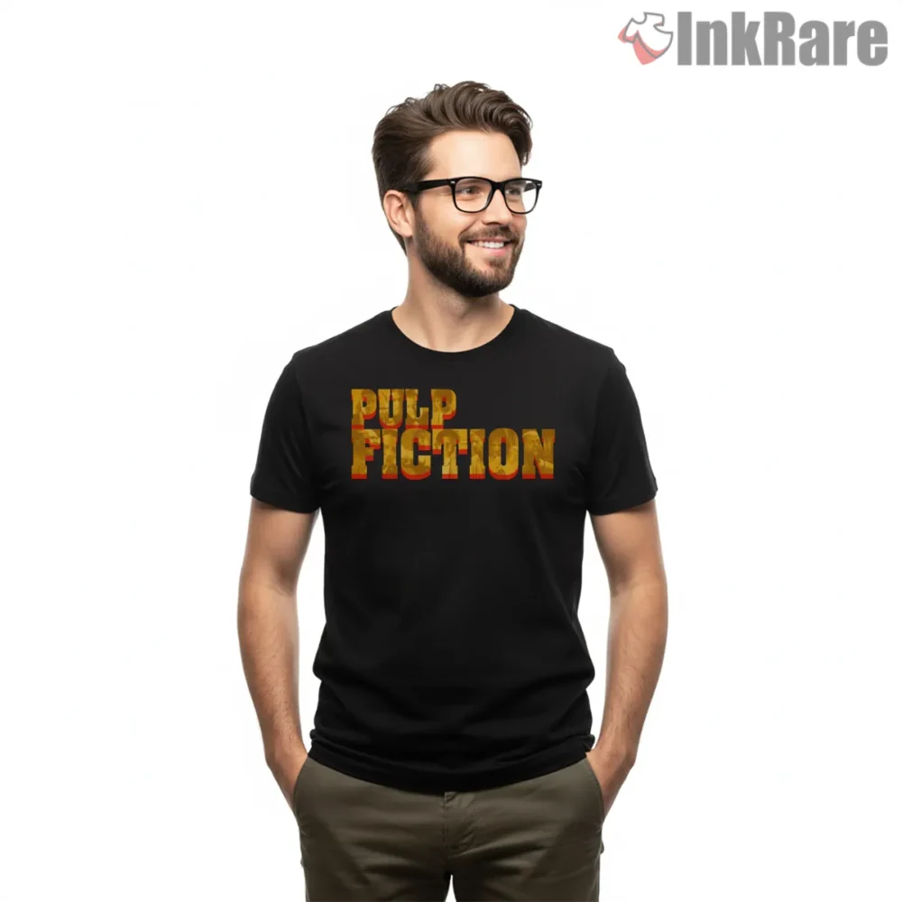 Pulp Fiction Grunge Title Logo Shirt on black short sleeve shirt for men graphic tee