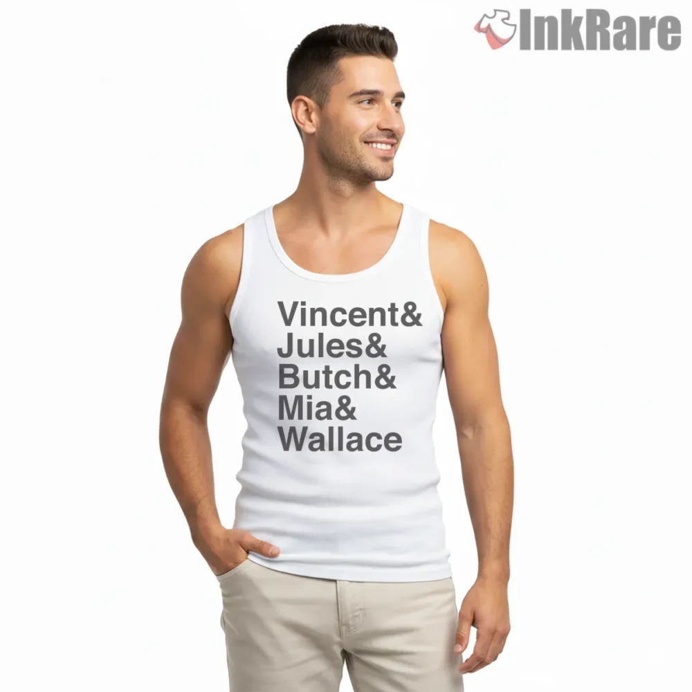 Pulp Fiction Helvetica Cast Names Shirt on white tank top for men graphic tee