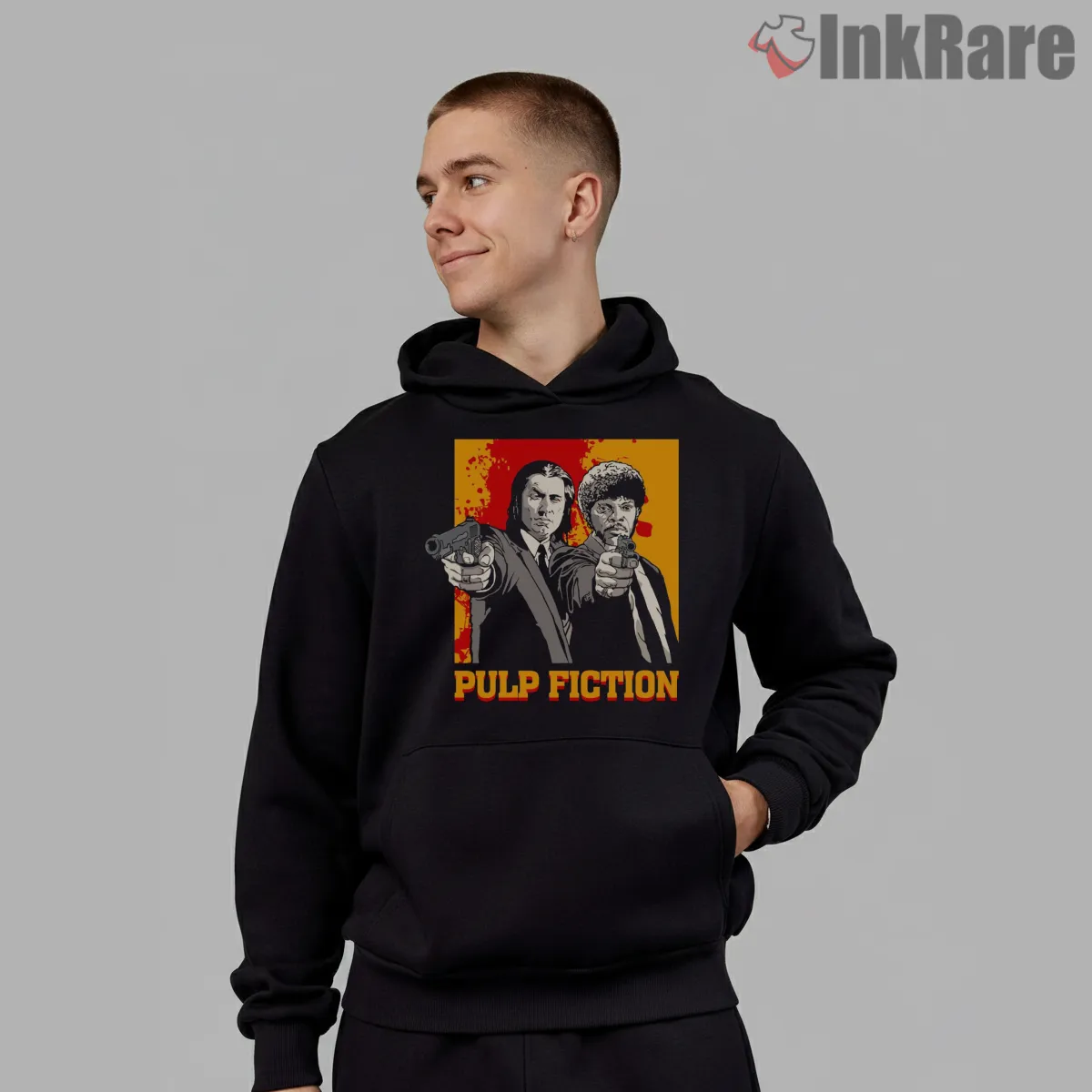 Pulp Fiction Hitmen Duo Poster Shirt on black hoodie for men graphic tee