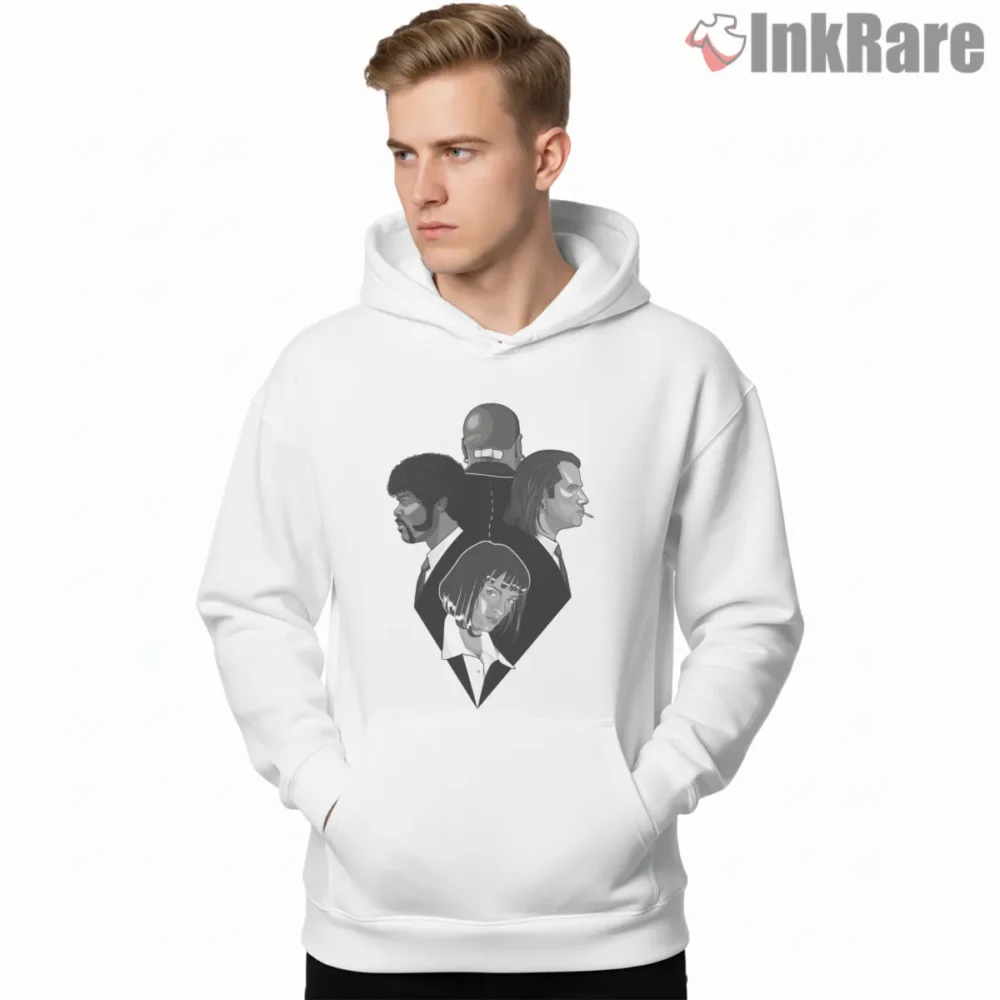 Pulp Fiction Quartet Silhouette Shirt on white hoodie for men graphic tee