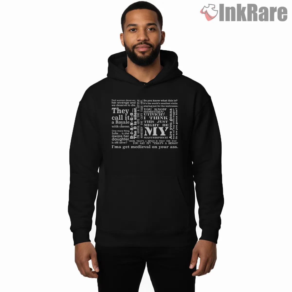 Pulp Fiction Quote Collage Shirt on black hoodie for men graphic tee