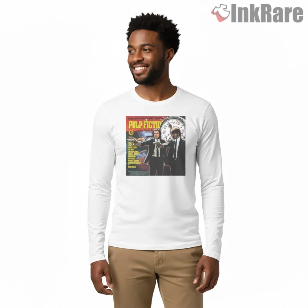 Pulp Fiction Retro Movie Montage Shirt on white long sleeve shirt for men graphic tee