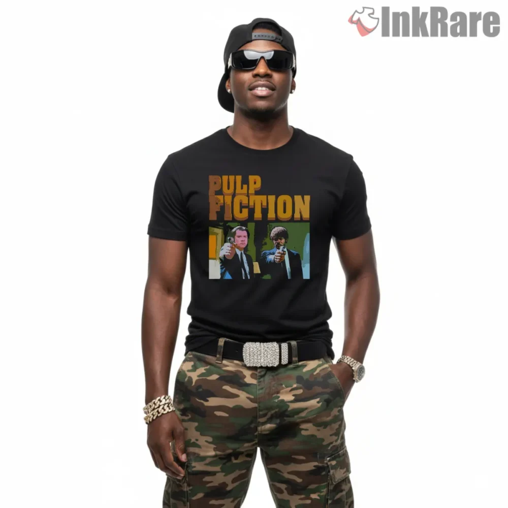 Pulp Fiction Tv Poster Style Gunpoint Shirt on black short sleeve shirt for men graphic tee