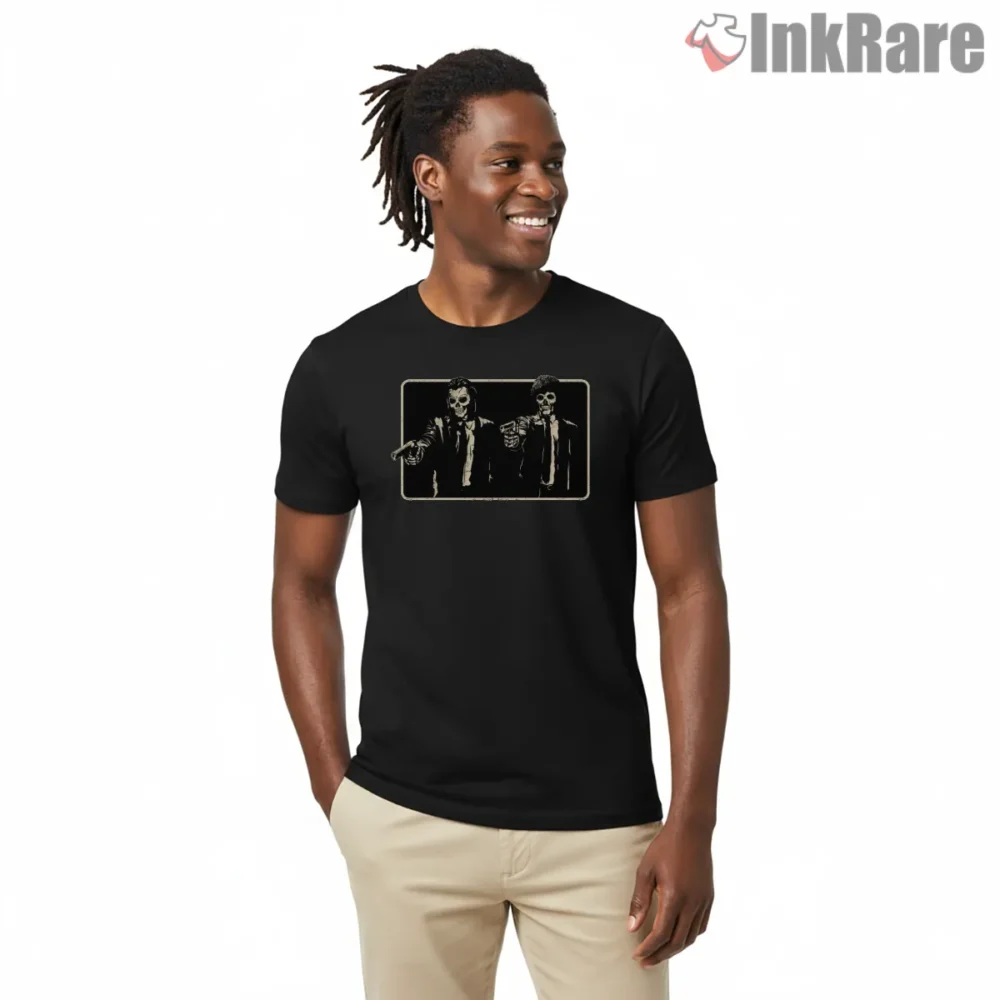 Pulp Fiction Twin Hitmen Skull Shirt on black short sleeve shirt for men graphic tee