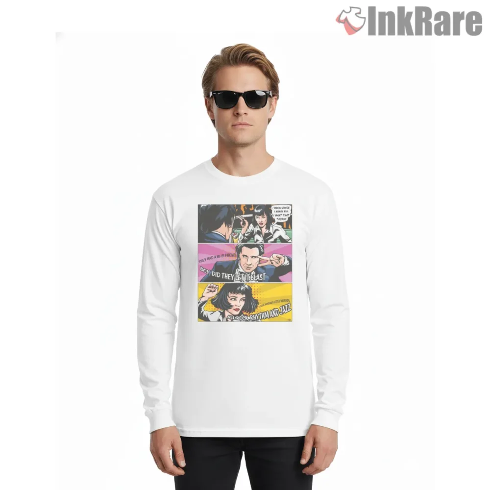Pulp Fiction Twist Contest Comic Shirt on white long sleeve shirt for men graphic tee
