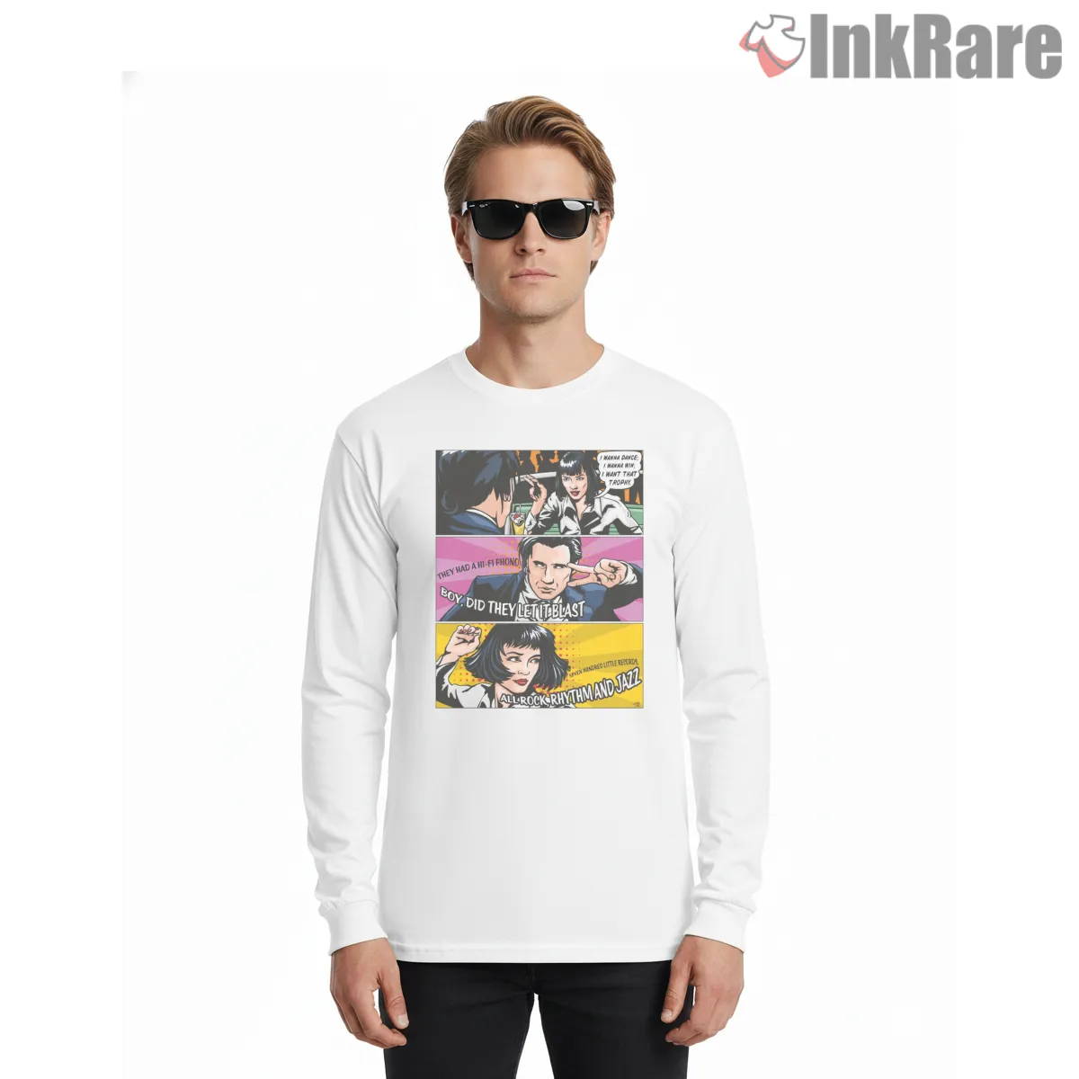 Pulp Fiction Twist Contest Comic Long Sleeve White Pulp Fiction Twist Contest Comic Shirt on white long sleeve shirt for men graphic tee