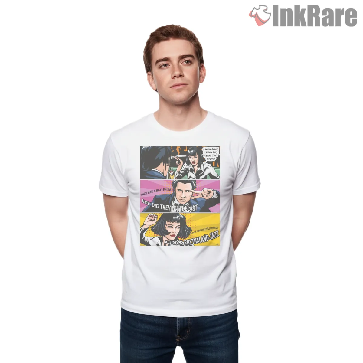 Pulp Fiction Twist Contest Comic Shirt on white short sleeve shirt for men graphic tee