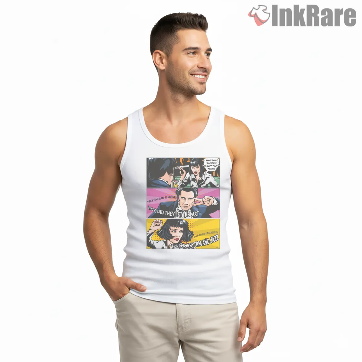 Pulp Fiction Twist Contest Comic Tank Top White Pulp Fiction Twist Contest Comic Shirt on white tank top for men graphic tee
