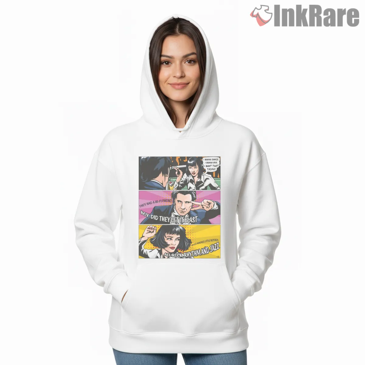 Pulp Fiction Twist Contest Comic Hoodie White Pulp Fiction Twist Contest Comic Shirt on white hoodie for women graphic tee