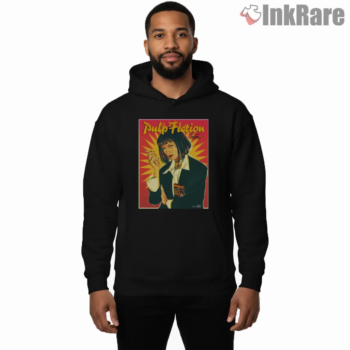Pulp Fiction Uma Thurman Retro Poster Shirt on black hoodie for men graphic tee